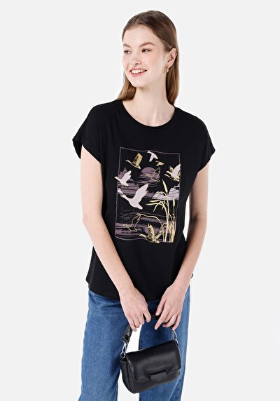 صورة من   رقبة مستديرة مطبوعة نسائية أسود كم قصير تي شيرت