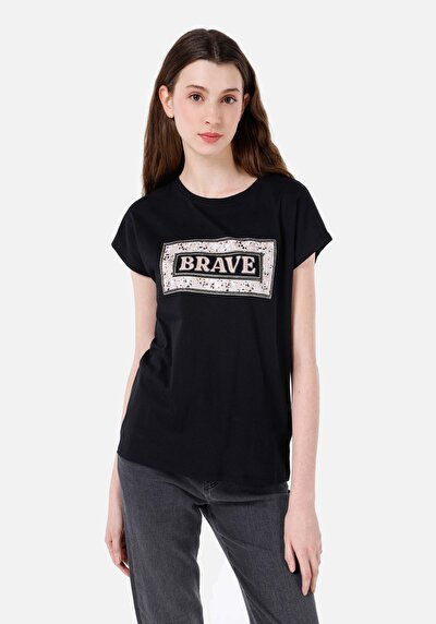 صورة من عادي مقاس رقبة مستديرة نسائي أسود كم قصير تي شيرت