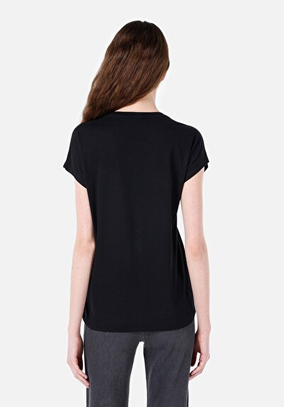 صورة من عادي مقاس رقبة مستديرة نسائي أسود كم قصير تي شيرت