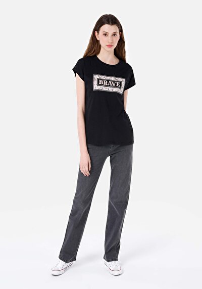 صورة من عادي مقاس رقبة مستديرة نسائي أسود كم قصير تي شيرت