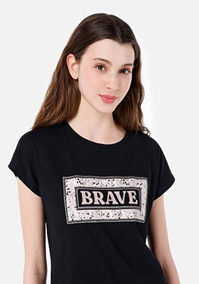 صورة من عادي مقاس رقبة مستديرة نسائي أسود كم قصير تي شيرت