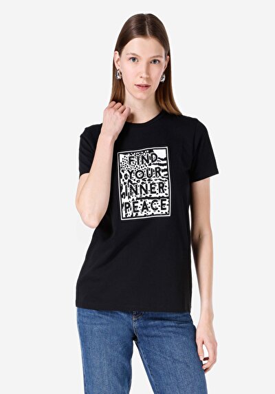 صورة من   رقبة مستديرة مطبوعة نسائية أسود كم قصير تي شيرت