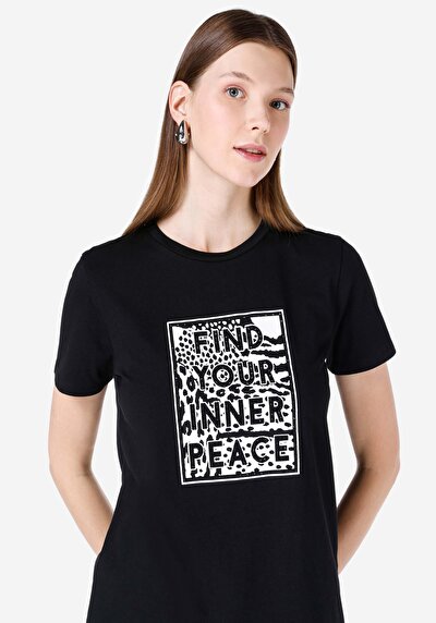 اعرض التفاصيل لـ   رقبة مستديرة مطبوعة نسائية أسود كم قصير تي شيرت