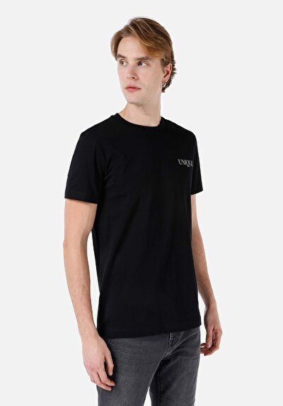 صورة من عادي قصة رقبة مستديرة رجالي أسود كم قصير تي شيرت