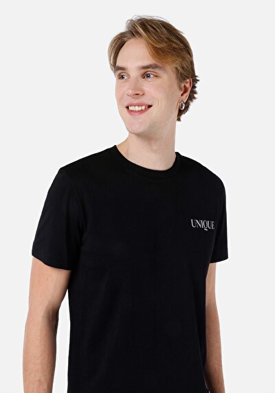 صورة من عادي قصة رقبة مستديرة رجالي أسود كم قصير تي شيرت