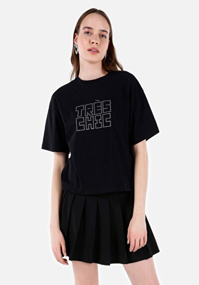 صورة من عادي مقاس رقبة مستديرة نسائي أسود كم قصير تي شيرت