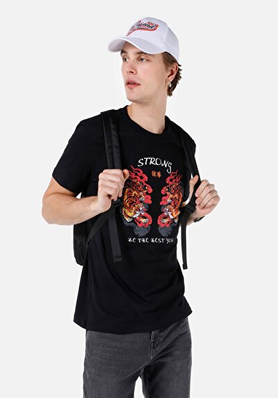 صورة من عادي مقاس رقبة مستديرة مستقيم رجالي أسود كم قصير تي شيرت