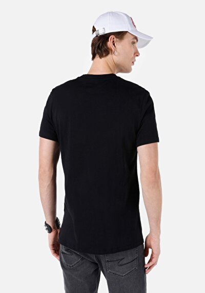 صورة من عادي مقاس رقبة مستديرة مستقيم رجالي أسود كم قصير تي شيرت