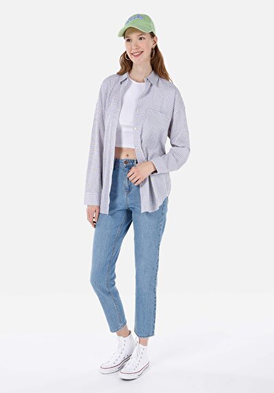 اعرض التفاصيل لـ قميص مريح رقبة منقوشة نسائي أزرق كم طويل قميص