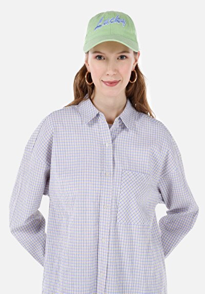 اعرض التفاصيل لـ قميص مريح رقبة منقوشة نسائي أزرق كم طويل قميص