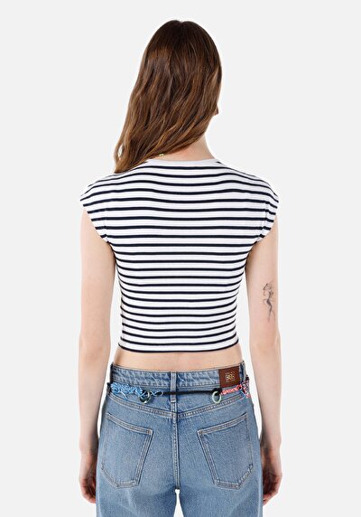 صورة من ضيق رقبة مستديرة مخطط نسائي أزرق كحلي كم قصير تي شيرت