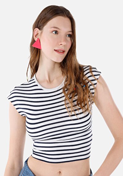 صورة من ضيق رقبة مستديرة مخطط نسائي أزرق كحلي كم قصير تي شيرت