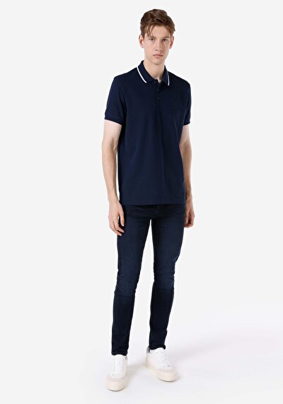 اعرض التفاصيل لـ أزرق بحري للرجال قميص بولو  كم قصير