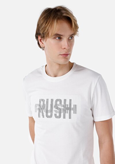 صورة من رقبة مستديرة مستقيم تي شيرت أبيض بأكمام قصيرة للرجال