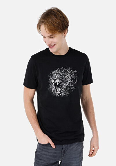 صورة من عادي مقاس رقبة مستديرة مستقيم رجالي أسود كم قصير تي شيرت