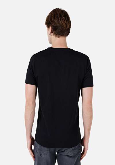 صورة من عادي مقاس رقبة مستديرة مستقيم رجالي أسود كم قصير تي شيرت