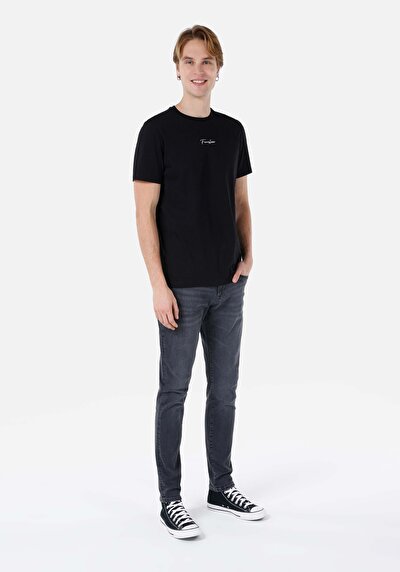 صورة من عادي مقاس رقبة مستديرة مستقيم رجالي أسود كم قصير تي شيرت