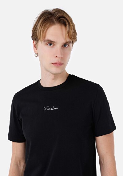 صورة من عادي مقاس رقبة مستديرة مستقيم رجالي أسود كم قصير تي شيرت