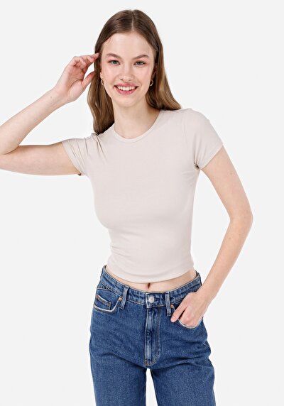 صورة من ضيق رقبة مستديرة مستقيم نسائي بيج كم قصير تي شيرت