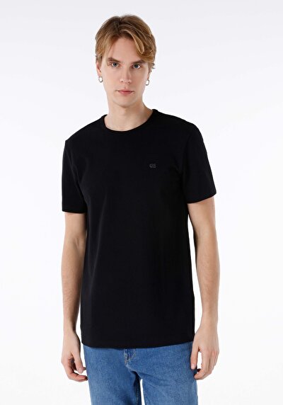 صورة من عادي مقاس رقبة مستديرة مستقيم رجالي أسود كم قصير تي شيرت