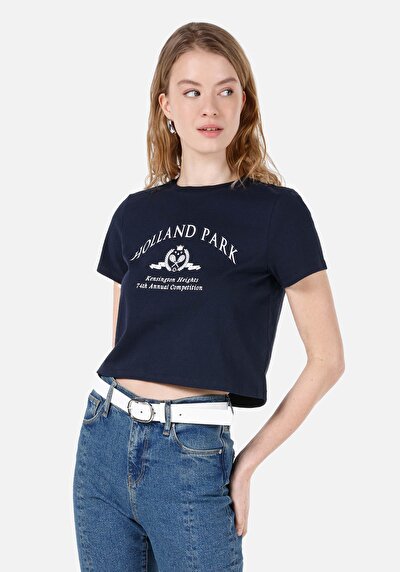 صورة من عادي مقاس رقبة مستديرة مطبوعة نسائية أزرق كحلي كم قصير تي شيرت