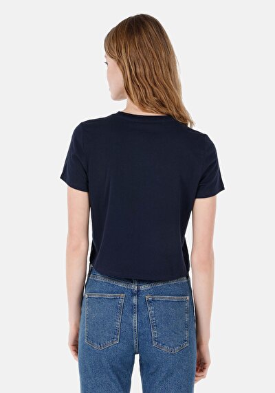 صورة من عادي مقاس رقبة مستديرة مطبوعة نسائية أزرق كحلي كم قصير تي شيرت