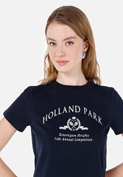 صورة من عادي مقاس رقبة مستديرة مطبوعة نسائية أزرق كحلي كم قصير تي شيرت