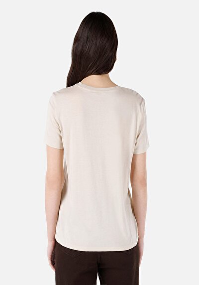 اعرض التفاصيل لـ   رقبة مستديرة مطبوعة نسائية بيج كم قصير تي شيرت