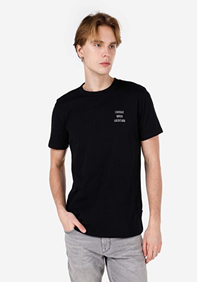 صورة من عادي مقاس رقبة مستديرة مستقيم رجالي أسود كم قصير تي شيرت