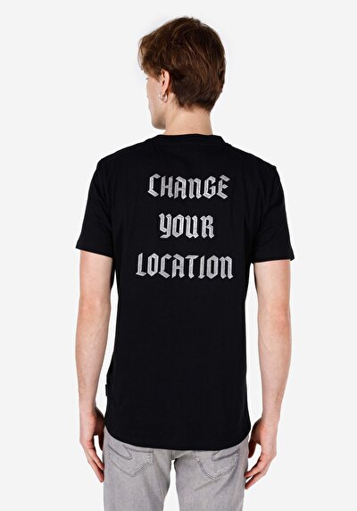 صورة من عادي مقاس رقبة مستديرة مستقيم رجالي أسود كم قصير تي شيرت