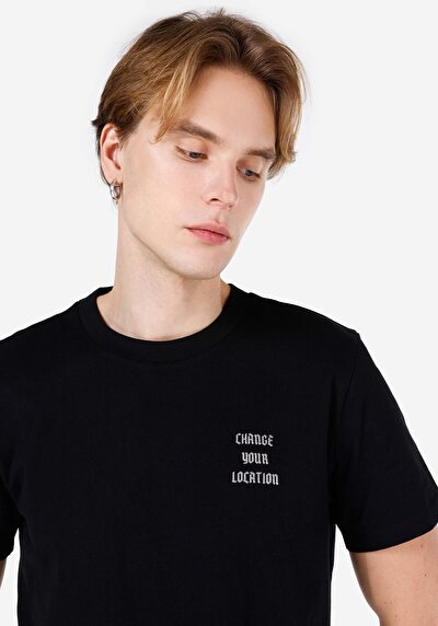 صورة من عادي مقاس رقبة مستديرة مستقيم رجالي أسود كم قصير تي شيرت