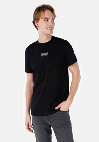 صورة من عادي مقاس رقبة مستديرة مستقيم رجالي أسود كم قصير تي شيرت