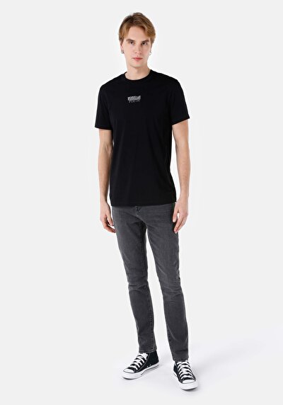 صورة من عادي مقاس رقبة مستديرة مستقيم رجالي أسود كم قصير تي شيرت