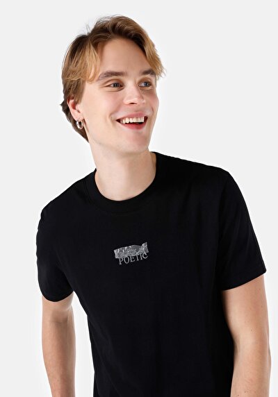 صورة من عادي مقاس رقبة مستديرة مستقيم رجالي أسود كم قصير تي شيرت