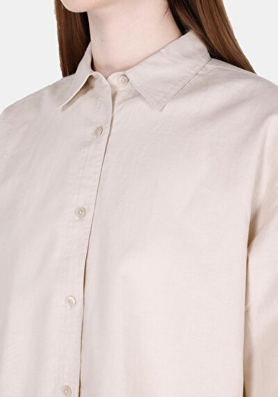 صورة من قميص مريح رقبة مستقيم نسائي بيج كم طويل قميص