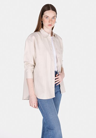 صورة من قميص مريح رقبة مستقيم نسائي بيج كم طويل قميص