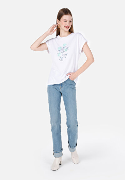 اعرض التفاصيل لـ   رقبة مستديرة مطبوعة نسائية أبيض قصيرة أكمام تي شيرت