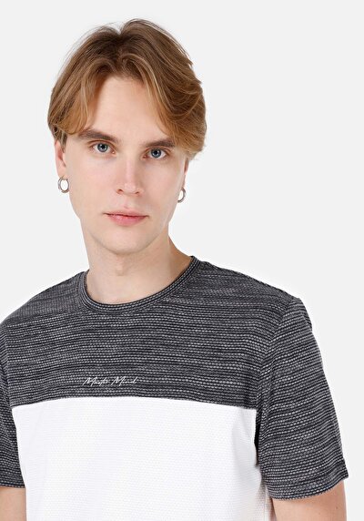 صورة من عادي رقبة مستديرة جاكار رجالي أسود كم قصير تي شيرت