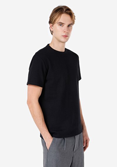 صورة من عادي رقبة مستديرة جاكار رجالي أسود كم قصير تي شيرت