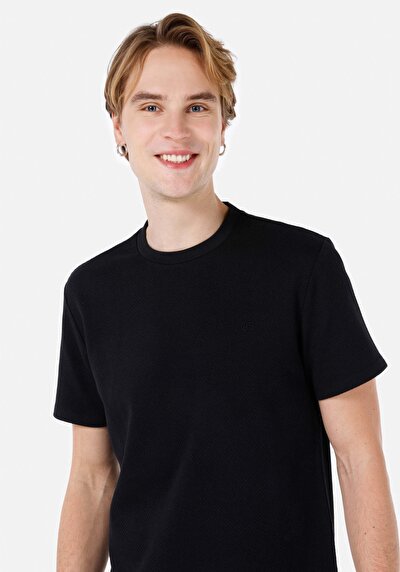 صورة من عادي رقبة مستديرة جاكار رجالي أسود كم قصير تي شيرت