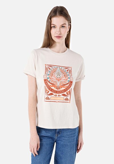 صورة من رقبة مستديرة مطبوعة نسائية Ecru قصيرة الأكمام تي شيرت