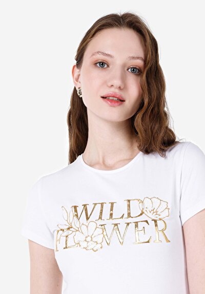 صورة من ضيق رقبة مستديرة مطبوعة نسائية أبيض كم قصير تي شيرت