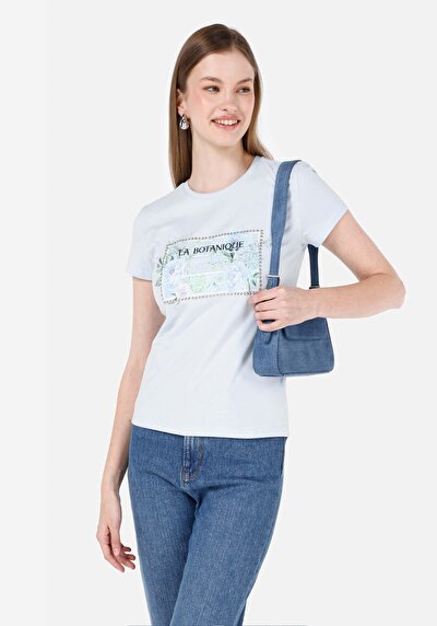 صورة من ضيق قصة رقبة مستديرة نسائي أزرق كم قصير تي شيرت