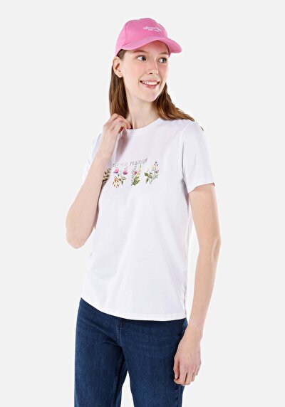 صورة من رقبة مستديرة مطبوعة نسائية أبيض قصيرة أكمام تي شيرت