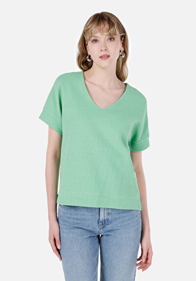 صورة من عادي رقبة على شكل V نسائي أخضر كم قصير تي شيرت