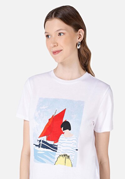 اعرض التفاصيل لـ   رقبة مستديرة مطبوعة نسائية أبيض قصيرة أكمام تي شيرت