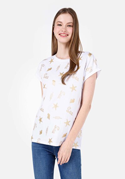 صورة من   رقبة مستديرة مطبوعة نسائية أبيض قصيرة أكمام تي شيرت