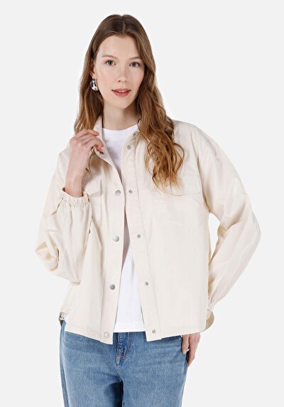 صورة من قميص عادي رقبة مستقيم قميص نسائي Ecru كم طويل