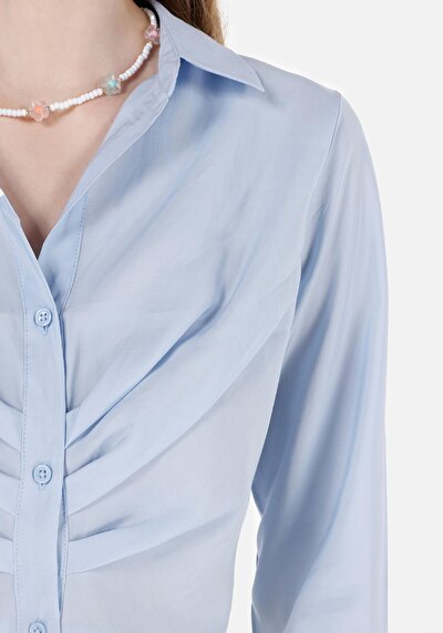 اعرض التفاصيل لـ قميص عادي رقبة مستقيم نسائي أزرق كم طويل قميص