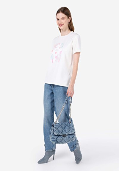 اعرض التفاصيل لـ عادي رقبة مستديرة نسائي أبيض 3/4 كم تي شيرت